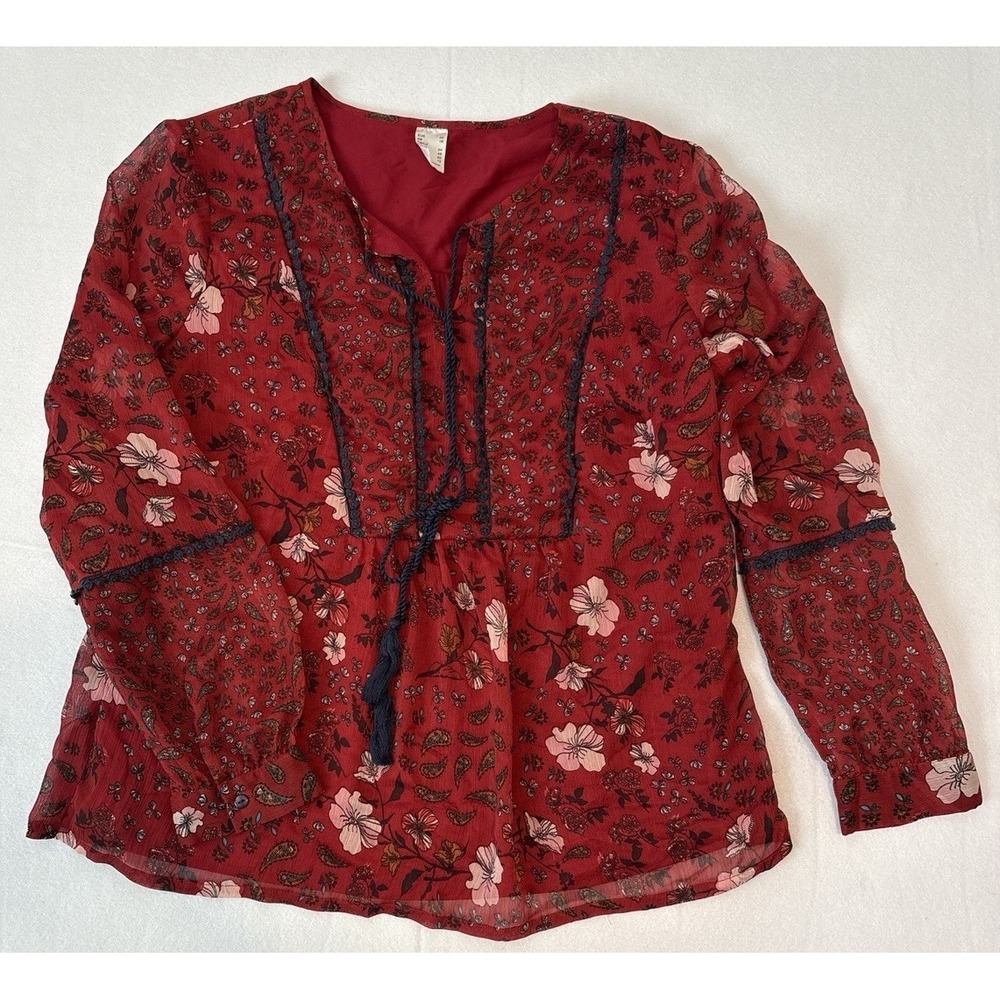 Womens Red Floral Boho Peasant Blouse With Tassel Tie Womens Size 10